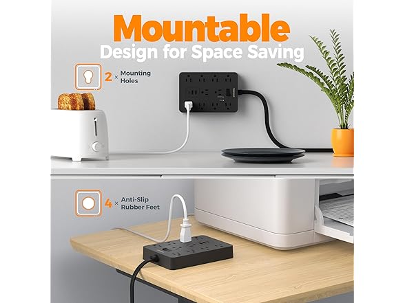 TESSAN 10ft Power Strip (10 Outlets, 3 USB)