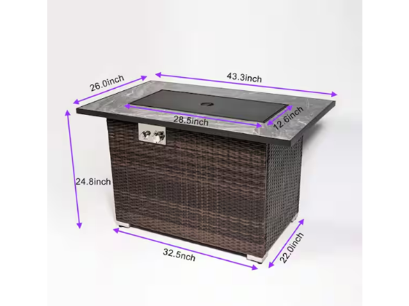 44" Rattan Fire Table w/ Ceramic Top + Cover