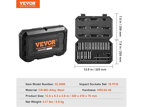 VEVOR 18pc Drive Impact Socket Set 3/8"