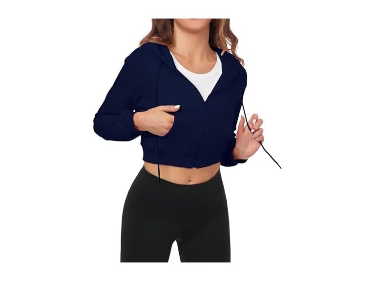 FKEEP Cropped Zip Up Hoodie Women Jacket Top Sweatshirt Casual Basic Gym Workout Sport NavyBlue