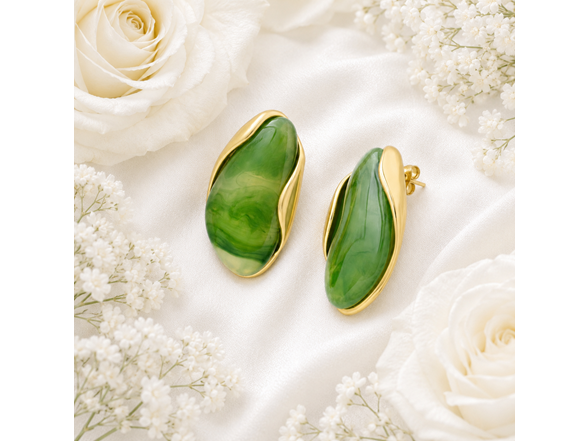 18K Gold Green Resin Stud Earrings