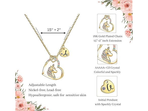 Rucher Unicorn Necklace Girls Initial Heart