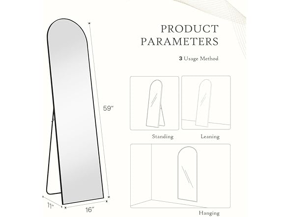 Homee Arched Full Length Mirror, 59"x 16" Black