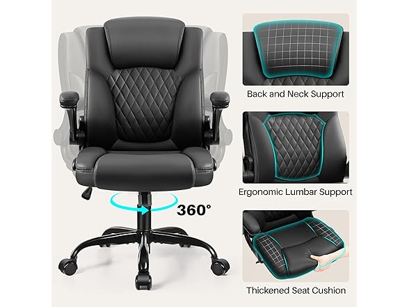 BestEra Leather Office Chair, Ergonomic Executive Desk Chair with Adjustable Armrests, 360° Swivel, High Back & Lumbar Support for Home Office (Black) (Open Box)