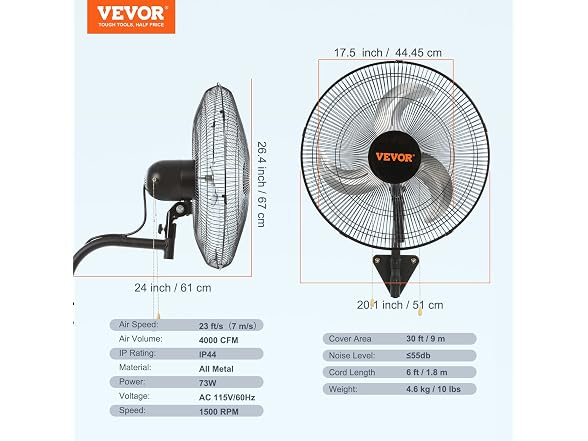 VEVOR Wall Mount Fan, 18 Inch, 3-speed
