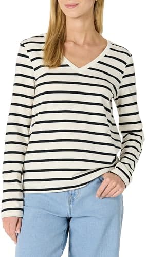 Amazon Essentials Women's 100% Cotton Regular-Fit Long-Sleeve V-Neck T-Shirt, Eggshell White Black Mariner Stripe, X-Large