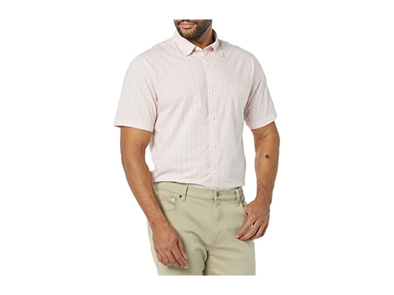 Amazon Essentials Men's Slim-Fit Short-Sleeve Poplin Shirt, Beige Pink Double Stripe, X-Large