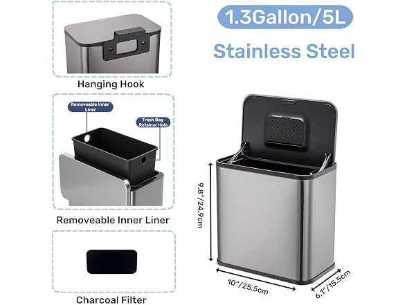 1.3 Gallon Stainless Steel Hanging Trash Can with Lid