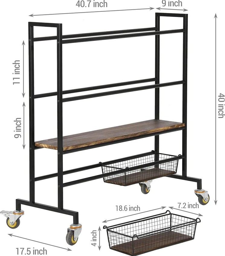 Heavy Duty Black Metal Sports Equipment Rolling Rack with Wood Shelves - Gallery 5