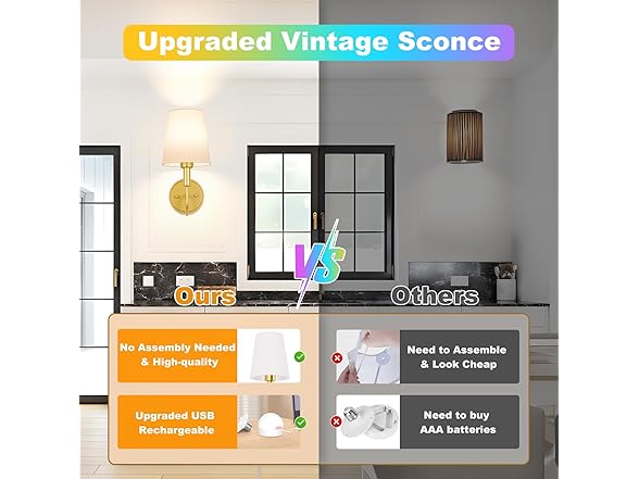 Wireless Rechargeable Wall Sconce, 2 Pack -Choose Color