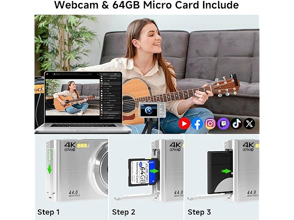 ceye FHD 4K 44MP Digital Camera w/3-LED Flash