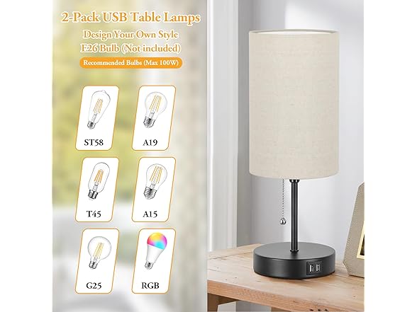 Lakumu 2 Sets Table Lamps with 2 USB Ports