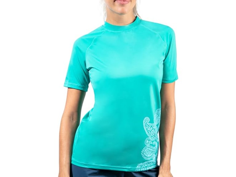 Kanu Surf Women's Breeze UPF 50+ Short Sleeved Active Rashguard & Workout Top, Lanai Lagoon, X-Large