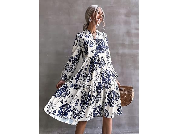 Floerns Women (L) V Neck Ruffle Hem Lantern Dress