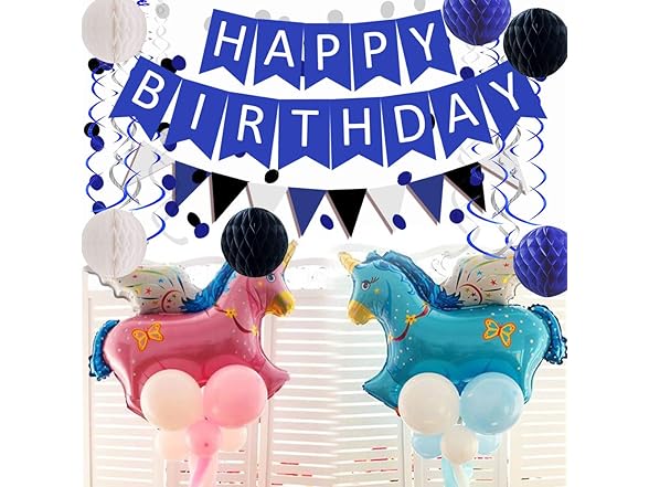 FECEDY Navy Blue White Black Happy Birthday Decor