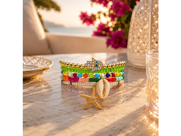 Stretch Beaded Bracelet Stack with Starfish & Shell Charm