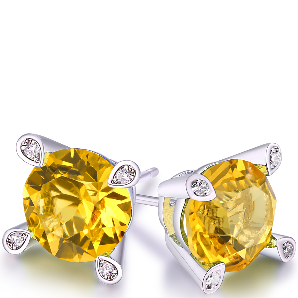 14K White Gold Plated Citrine Studs - Gallery 2