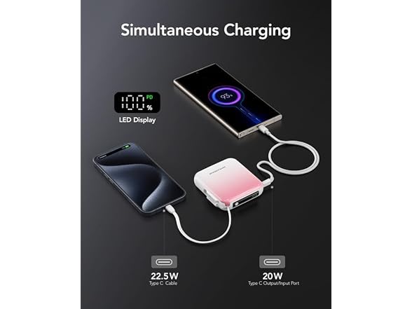 Marasone 10,000mAh 20W Portable Charger w/Built in Cable