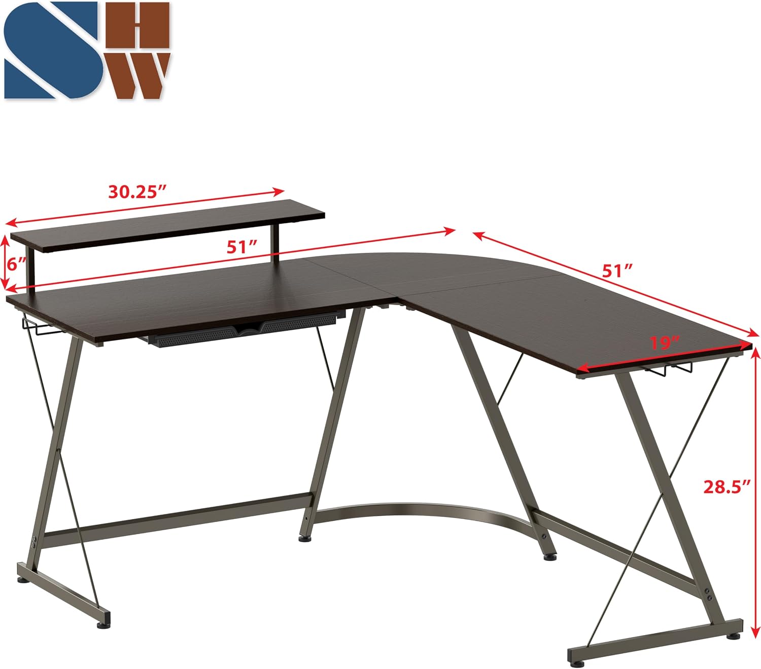 SHW L-Shaped Corner Desk w/Monitor Stand and Drawer - Gallery 10