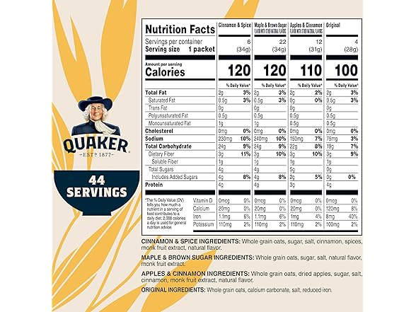 44Ct Quaker Instant Oatmeal Lower Sugar, 4 Flavors