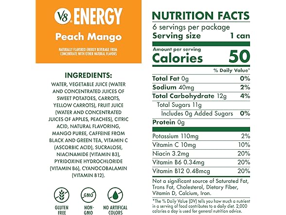 6PK V8 Energy Peach Mango Energy Drink, 8 oz