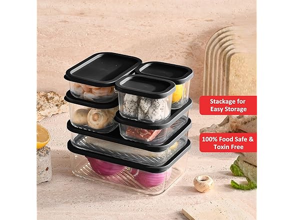 EATEX 7 Pack Glass Meal Prep Containers with Grooved Base