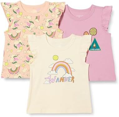 Amazon Essentials Girls' Sleeveless Ruffle T-Shirt, Pack of 3, Badges/Unicorn/Wander, Large