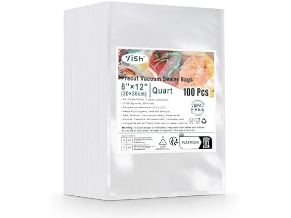 YISH Vacuum Sealer Bags for Food: 100 Quart 8"×12"