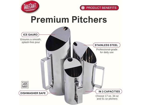 TableCraft 12812 Premium Stainless Steel Pitcher Silver 