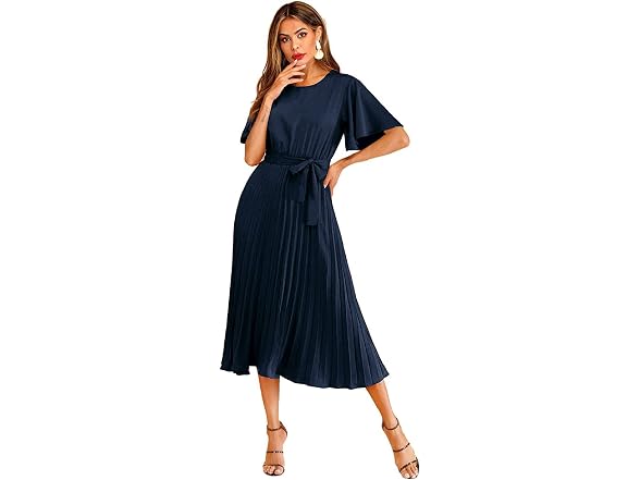 Milumia Women (L) Elegant Belted Pleated Dress