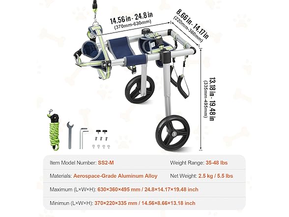 VEVOR 2 Wheels Dog Wheelchair for Back Legs