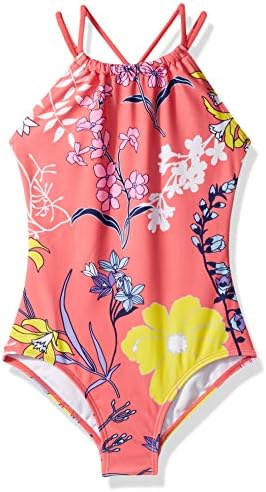 Kanu Surf Girls' Jasmine Beach Sport Halter One Piece Swimsuit, Paige Floral Coral, 3T