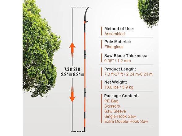 VEVOR Manual Pole Saw, 7.3-27 ft 