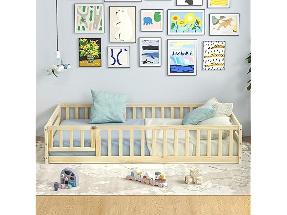 Giantex Twin Floor Bed with Door & Fence, Kids Wood Montesso (Open Box)