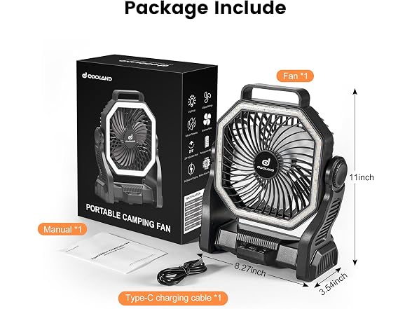 Odoland Black Rechargeable Camping Fan
