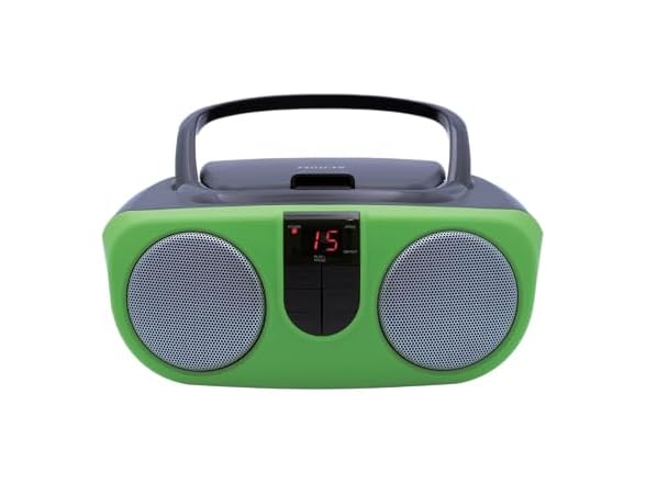 Green and grey Sylvania SRCD243 portable CD boombox with radio and a top-loading disc lid