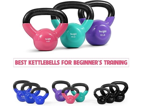 Yes4All Kettlebell, Vinyl Coated Cast Iron Kettlebell Set 5, 10 & 15lbs
