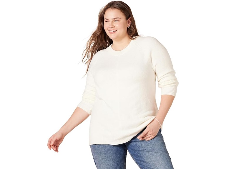 Amazon Essentials Women's Regular-Fit Soft Touch Long-Sleeve Crewneck Sweater, Ivory, Medium