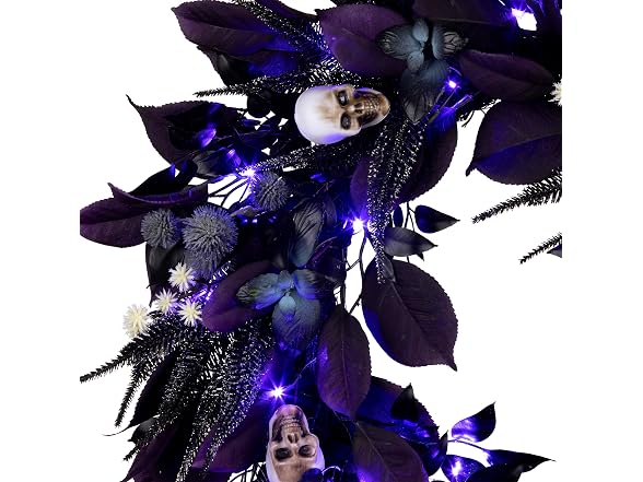 National Tree Company, 26inch Artificial Floral Mini Skull Wreath, 30 Purple LED Lights