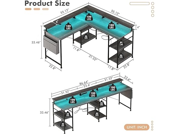wOod-it L Shaped Gaming Desk with LED Lights, 55 Inch