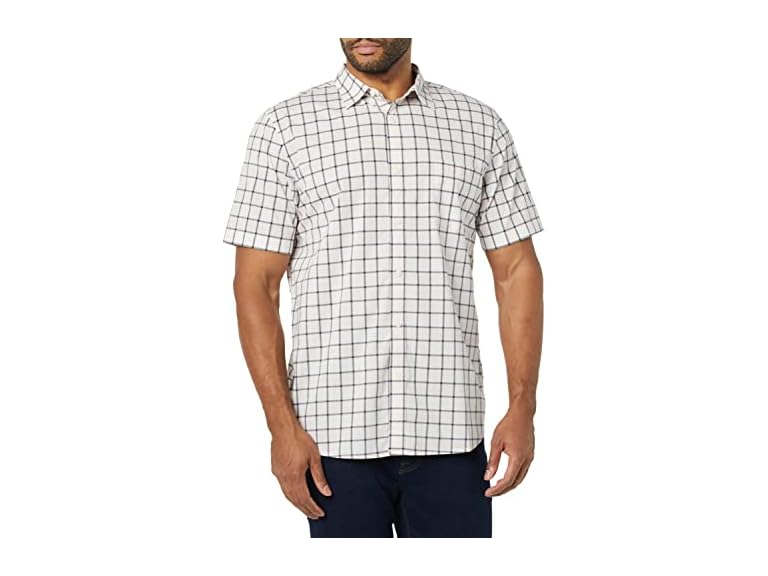 Amazon Essentials Men's Slim-Fit Short-Sleeve Poplin Shirt, Pink White Buffalo Plaid, X-Large