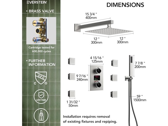 EVERSTEIN SFS-1014-NK12 12" Brushed Nickel Shower System