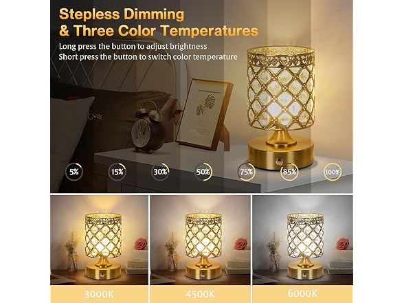 TOBUSA Gold Crystal Rechargeable Cordless Table Lamp