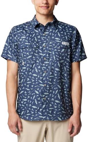 Columbia Men's PFG Uncharted Printed Short Sleeve Shirt, Nocturnal Cast N Blast, Small