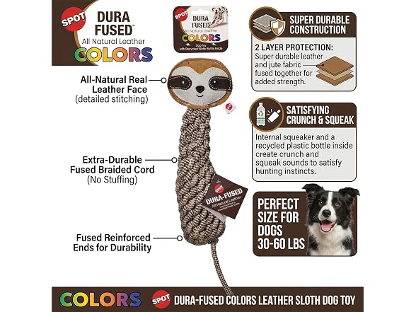 SPOT Dura-Fused Colors Leather Bottle Cruncher Sloth Dog Toy