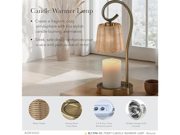 Adesso Candle Warmer Lamp, Antique Brass & Rattan, Dimmable