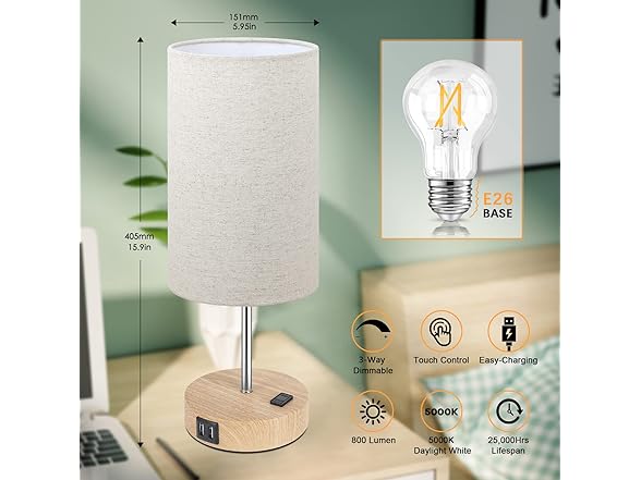 Brightever Bedside Table Lamps with 2 USB Ports & AC Outlet, Set of 2