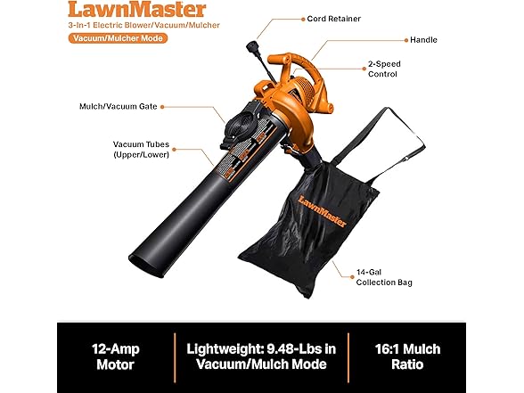 LawnMaster 3in1 Leaf Blower Vacuum 12A