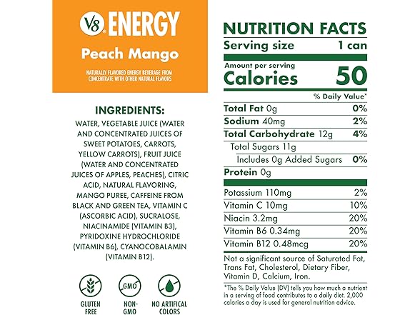 V8 Energy Peach Mango Energy Drink, 8 fl oz Can
