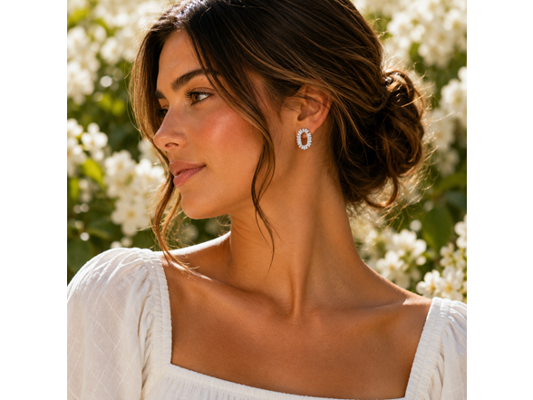 Silver Oval CZ Stud Earrings